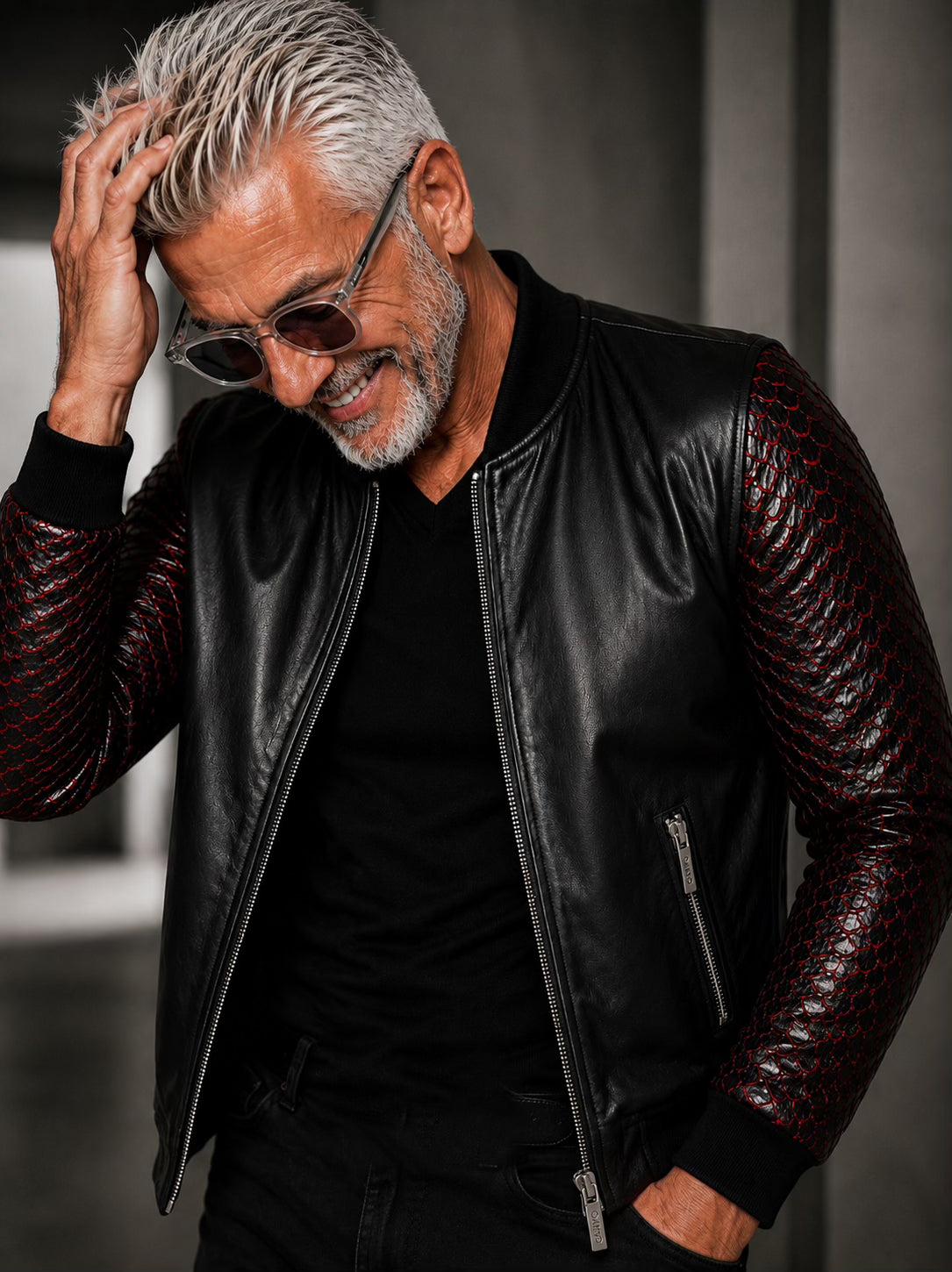 Leather Bomber DIAMOND PYTHON, black - red