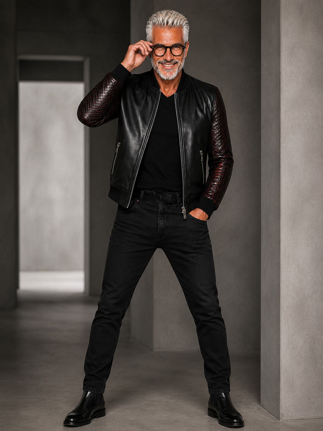 Leather Bomber DIAMOND PYTHON, black - red