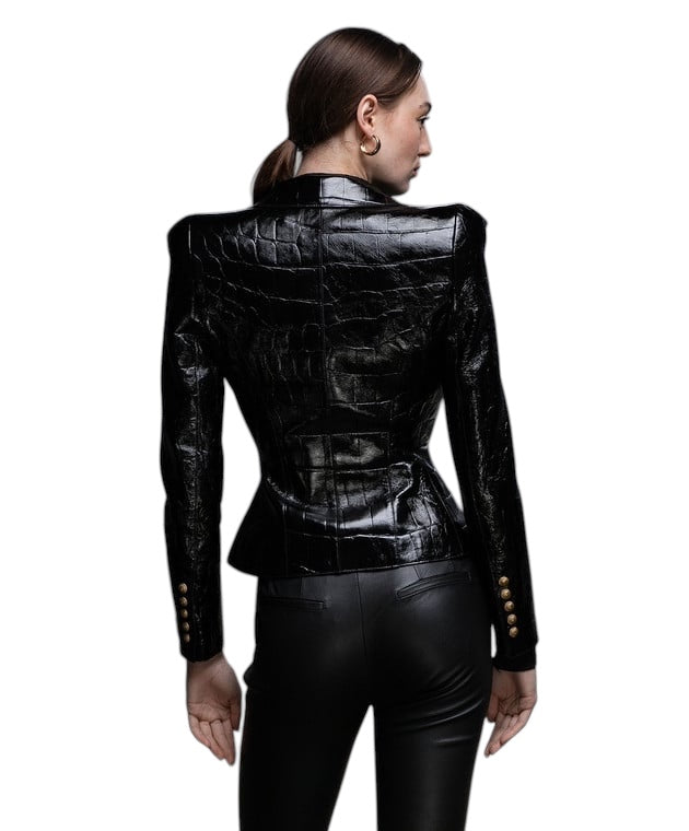 Schwarze zweireihige Lederjacke mit Krokodilprägung