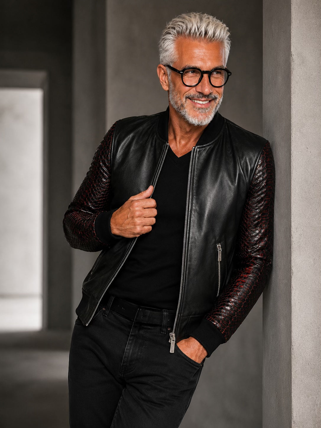 Leather Bomber DIAMOND PYTHON, black - red